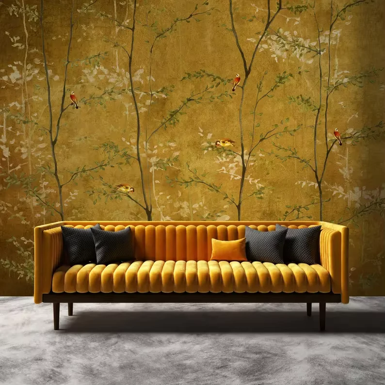 Wallpaper Antique Golden Texture Slim Tree Branch Foliage Wallpaper for Home Cafe Hotel Viila Commercial Space Use
