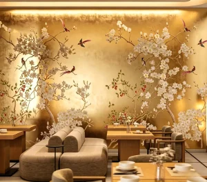 Wallpaper Chinoiserie Golden Foil Hand Painted Custom Magnolia Bird Floral Wallpaper