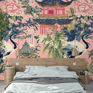 Wallpaper Crane Pine Peony Pavilion Pink themed Flowers Plants Animals Wallpaper Mural Wall Design and Decoration