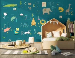 Wallpaper for Kids Room Custom Teal Kids Animal Alphabet Mural Educational Cartoon Wallpaper for High End Nursery Kindergarten