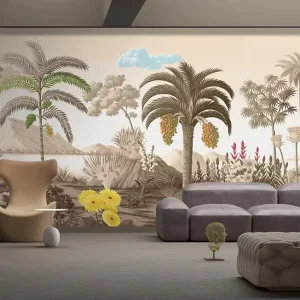 Wallpaper for Wall Botanical Landscape Beige Tropical Palm & Flower Mural for Lounge & Dining Room Scratch Resistant