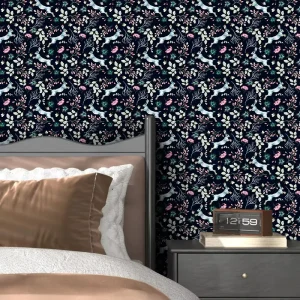 Watercolor Rabbit Plant Wallpaper Heavy PVC Backed Teal Glitter Wallpaper Luxury Wallpaper