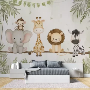 Watercolor Safari Animals Mural Warm Nursery Wall Decor for Kids Bedroom Playroom Charming Jungle Friends Design Peel and Stick
