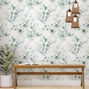Watercolor Tropical Plant Eucalyptus Leaves Modern Floral Waterproof Mold Proof PVC Self Adhesive Wallpaper Mural Kitchen Living