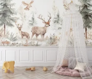 Watercolor Winter Forest Deer Peel and Stick Wallpaper Mural Custom Botanical Animal Wall Decor Kid Bedroom LivingRoom