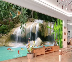 Waterfall Koi & Bamboo Forest Art Mural Nature Landscape Wallpaper for Home Decoration Wall Panels
