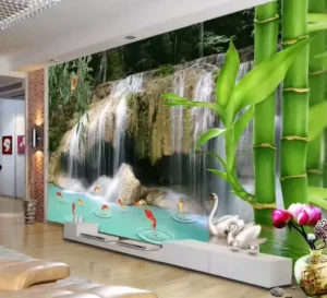 Waterfall Koi & Bamboo Forest Art Mural Nature Landscape Wallpaper for Home Decoration Wall Panels