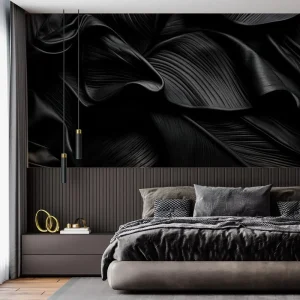 Waterproof 3D Black Leaf Texture Wall Mural Peel and Stick Matte Modern Wallpaper for Home Living Room Wall Decor