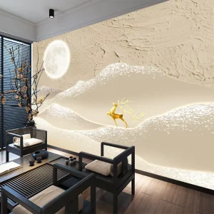 Waterproof 3D Golden Deer Mountain Moon Mural Wallpaper for Indoor Living Room Bedroom Wall Decoration