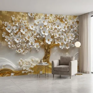 Waterproof 3D Luxury White Floral Golden Tree Blossom Papiers Peints Murals Wallpaper for Home Living Room Wall Decor