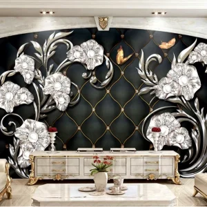 Waterproof 3D Silver Floral Wall Mural Self Adhesive Pearl Crystal Wallpaper for Living Room Wall Decor