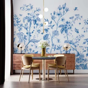 Waterproof Artistic Illustration Plant Animal Wall Paper Home Interior Wall Decoration Blue Flower Bird Mural Wallpaper