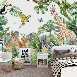 Waterproof Children’s Botanical Watercolor 3D Tropical Nursery Wallpaper Canvas Fabric for Bedroom Kids Room Decor Household Use