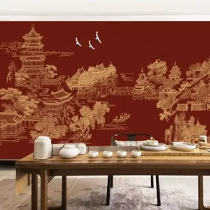 Waterproof Chinese Ancient Architecture Wall Paper Crane Lake Attic Wallpaper Restaurant Wall Decoration