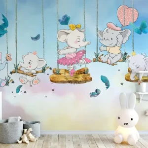 Waterproof Cute Cartoon Elephant Swing Wall Mural Peel and Stick Pastel Kids Room Wallpaper Removable Nursery Accent Decor