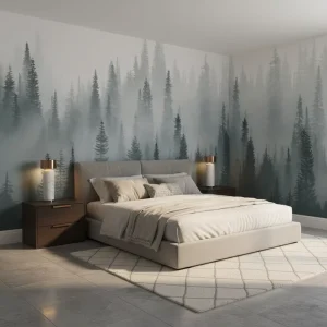 Waterproof Dark Green Modern Botanical Trees Plant Wall Paper Custom Size Bedroom Indoor Wall Decoration Misty Forest Landscape