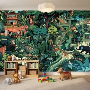 Waterproof Embossed Adorable Animals Green Plant Kids’ Wallpaper for Decor