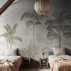 Waterproof Grey Seamless Wallpaper Tropical Plant Murals for Living Room & Bedroom Wall Decoration