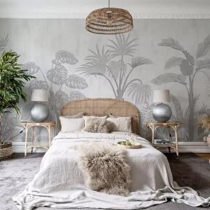 Waterproof Grey Wall Paper Living Room Bedroom Wall Decoration Tropical Plant Mural Wallpaper