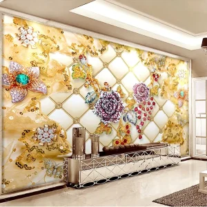 Waterproof Home Living Room Wall Decoration Gold Luxury 3D Gemstone Floral Mural Wallpaper