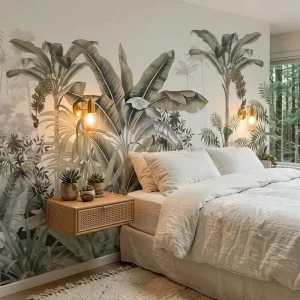 Waterproof Home Wall Decoration Modern Tropical Forest Mural Peel and Stick Sage Green Botanical Wallpaper