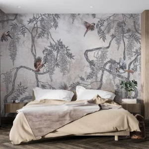 Waterproof Light Beige Flower Branches Birds Art Wallpaper Mural for Home Indoor Wall Decoration