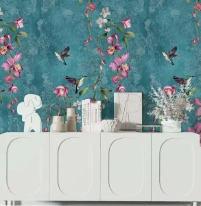 Waterproof Modern Teal Tropical Floral Hummingbird Wallpaper Mural Vibrant Bird Flower Print Wall Decor Bedroom Living Room
