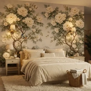 Waterproof Peel and Stick Paper Elegant White Peony Bird Landscape Wall Mural Wallpaper for Living Room Home Wall Accent Decor