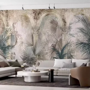 Waterproof Retro Garden Plant Wall Paper Tropical Palm Leaf Archway Architectural Mural Wallpaper for Home Wall Decoration