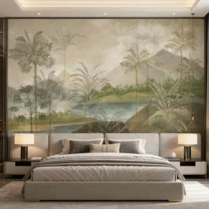 Waterproof Tropical Vintage Scenery Mural Home Wall Decoration Lake Mountain Palm Banana Tree Natural Landscape Wallpaper