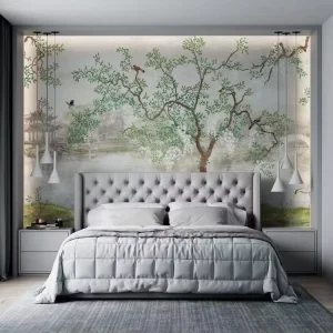 WaterproofSelf Adhesive SeamlessWallpaper Murals with Vintage Chinese Style Big Trees Flowers and Birds for Home Wall Decoration