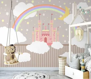 Whimsical Castle Custom Modern Waterproof Wall Panel Mural with Easy Installation Rainbow Fabric Wallpaper for Children’s Room