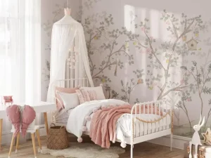 Whimsical Pastel Chinoiserie Woodland Mural Soft Blue Background with Trees Birds and Crane for Nursery Kid Bedroom Living Room