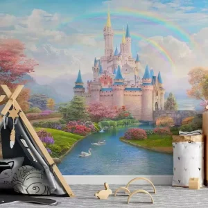 Whimsical Princess Castle Rainbow Mural Storybook Fantasy Landscape Wallpaper for Girls Nursery Bedroom Soft Dreamy Ambiance