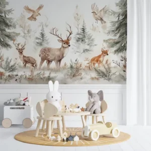 Whimsical Woodland Deer and Bird Self Adhesive Wallpaper Soft Winter Landscape Mural for Nursery Kids Room Interior Easy Install