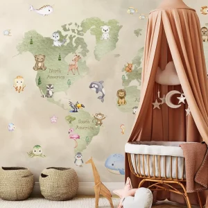 World Map with Animals Mural Non Woven Wallpaper Customizable Wall Decor Modern Preschool Library Kids Cafe Play Area Durable