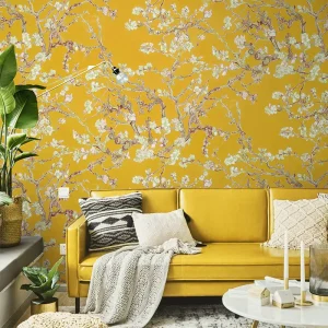 Yellow Mural 3D Flower Vintage Paper Chinoiserie Wallpaper