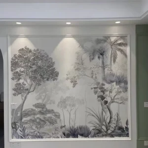 法国黑白丛林热带森林印花轻质奢华丝绸壁纸防水酒店餐厅寄宿家庭