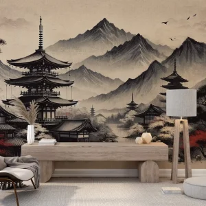 定制现代日本山河古庙壁画壁纸剥离棒防水卧室沙发背景