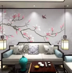 定制高清古典手绘玉兰花飞鸟客厅卧室背景印花壁纸