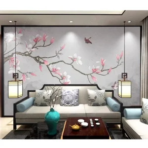 定制高清古典手绘玉兰花飞鸟客厅卧室背景印刷壁纸